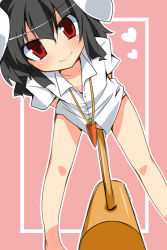 Rule 34 | 1girl, animal ears, black hair, blush, bottomless, carrot, downblouse, dress shirt, female focus, heart, inaba tewi, jewelry, leaning forward, looking at viewer, mallet, morino harifu, naked shirt, no pants, pendant, rabbit ears, red eyes, shirt, short hair, simple background, smile, solo, touhou