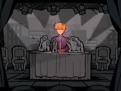 Rule 34 | 1boy, blonde hair, closed mouth, collared shirt, commentary, english commentary, formal, highres, long sleeves, looking at viewer, male focus, microphone, mob psycho 100, mp100days, necktie, press conference, reigen arataka, shirt, short hair, solo, stage, stage lights, suit, table
