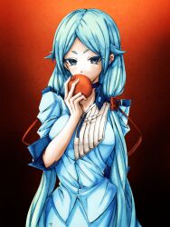 Rule 34 | 1girl, blue eyes, blue hair, blue jacket, blue skirt, breasts, commentary request, ear piercing, food, fruit, gradient background, highres, holding, holding food, holding fruit, jacket, large breasts, long hair, low twintails, original, piercing, short eyebrows, signature, skirt, solo, taka t, twintails, upper body, very long hair