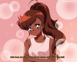 Rule 34 | 1990s (style), 1girl, ahoge, artist name, bare arms, bishie sparkle, brown eyes, brown hair, bubble, closed mouth, collarbone, commentary, commission, crossed arms, dark-skinned female, dark skin, english commentary, english text, eyelashes, fingernails, gradient background, hair over shoulder, high ponytail, light blush, long hair, looking at viewer, nyahallo, original, pink background, retro artstyle, simple background, smile, solo, sparkle, taco bell, tank top, upper body, very dark skin, white tank top