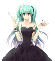 Rule 34 | 1girl, :q, armband, bare shoulders, black dress, black ribbon, blue hair, cake, collarbone, dress, eto ichika, eyebrows, food, fork, frilled armband, frilled hat, frills, fruit, green eyes, green hair, green nails, hair ornament, hair ribbon, hat, hatsune miku, headdress, highres, holding, holding fork, holding plate, long hair, looking at viewer, multicolored hair, nail polish, parted bangs, plate, ribbon, scrunchie, simple background, smile, solo, strapless, strapless dress, tongue, tongue out, twintails, two-tone hair, vocaloid, white background, wristband