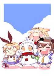 Rule 34 | &gt;:d, &gt; &lt;, 10s, 4girls, :3, :d, abyssal ship, ahoge, anchor hair ornament, animal ears, ankle cuffs, arms up, backpack, bag, barefoot, blonde hair, blue sky, bow, brown hair, chibi, closed eyes, cloud, collar, comic, commentary request, day, dress, enemy aircraft (kancolle), fang, gloves, hair bow, hair flaps, hair ornament, headgear, holding, holding star, horns, kantai collection, lifebuoy, long hair, long sleeves, machinery, mittens, multiple girls, navel, neckerchief, northern ocean princess, open mouth, rabbit ears, randoseru, remodel (kantai collection), rensouhou-chan, revision, sailor dress, sako (bosscoffee), scarf, school uniform, serafuku, shadow, shimakaze (kancolle), shirt, shoes, short hair, sitting, sitting on head, sitting on person, sky, sleeveless, sleeveless shirt, smile, snot, socks, star (symbol), swim ring, turret, v-shaped eyebrows, walking, white hair, x3, yellow eyes, yukikaze (kancolle), yuudachi (kancolle)