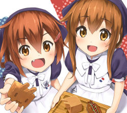 Rule 34 | 10s, 2girls, :d, brown eyes, brown hair, errant, fang, folded ponytail, ikazuchi (kancolle), inazuma (kancolle), kantai collection, long hair, multiple girls, open mouth, short hair, smile, tray