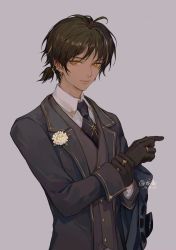 Rule 34 | 1boy, arknights, black coat, black gloves, black hair, black necktie, brown eyes, closed mouth, coat, collared shirt, ear piercing, formal, gloves, grey background, hand on own arm, highres, jewelry, long sleeves, longmianbushilongxumian, looking at viewer, male focus, multiple rings, necktie, open clothes, open coat, piercing, ring, shirt, short hair, short ponytail, signature, simple background, smile, solo, suit, thorns (arknights), upper body, white shirt