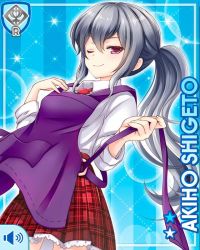 Rule 34 | 1girl, apron, blue background, bow, breasts, card (medium), character name, closed mouth, female focus, girlfriend (kari), grey hair, long hair, necktie, official art, one eye closed, plaid, plaid skirt, purple apron, purple bow, qp:flapper, red neckwear, red skirt, school uniform, shigeto akiho, shirt, skirt, smile, standing, tagme, tying apron, white shirt