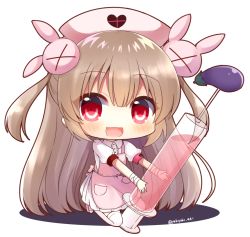 Rule 34 | 1girl, :d, apron, bandaged arm, bandages, blush, collared dress, commentary request, dress, eggplant, fang, hair between eyes, hair ornament, hat, heart, holding, holding syringe, kneeling, large syringe, light brown hair, long hair, looking at viewer, natori sana, nurse, nurse cap, open mouth, oversized object, pink apron, pink footwear, pink hat, pleated dress, puffy short sleeves, puffy sleeves, rabbit hair ornament, red eyes, sana channel, shoes, short sleeves, sidelocks, smile, solo, syringe, thighhighs, twitter username, two side up, very long hair, virtual youtuber, white background, white dress, white thighhighs, yukiyuki 441