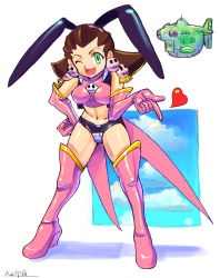 Rule 34 | 1girl, aircraft, airship, alternate costume, bent over, blowing kiss, boots, breasts, brown hair, capcom, earrings, elbow gloves, gloves, green eyes, heart, highres, jewelry, large breasts, looking at viewer, mega man (series), mega man legends (series), midriff, navel, one eye closed, oomasa teikoku, open mouth, pink gloves, pirate, short hair, skull, skull earrings, solo, thigh boots, thighhighs, tron bonne (mega man)