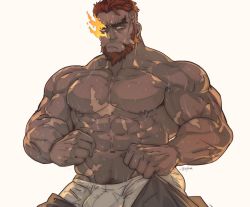 Rule 34 | 1boy, abs, bara, bare pectorals, beard, boxers, bulge, clothes pull, cowboy shot, eyebrow cut, facial hair, fighting stance, flaming eye, hephaestus (housamo), large pectorals, male focus, male underwear, manly, muscular, navel, navel hair, nipples, pants, pants pull, pectorals, red eyes, rybiok, short hair, solo, sweat, thick eyebrows, tokyo houkago summoners, topless male, underwear
