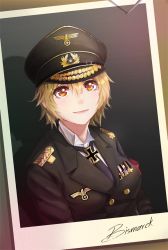 Rule 34 | 1girl, armband, bismarck (warship girls r), black necktie, blonde hair, brown eyes, buttons, character name, cross, detached sleeves, double-breasted, hat, iron cross, light smile, looking at viewer, medal, meijin93, nazi, necktie, photo (object), short hair, solo, uniform, upper body, warship girls r