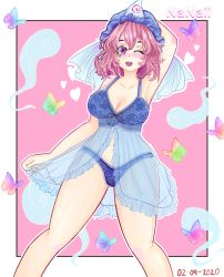 Rule 34 | absurdres, arm over head, armpits, artist name, babydoll, blue hat, blush, breasts, bug, butterfly, dated, hat, highres, hitodama, insect, large breasts, lingerie, midriff, mob cap, nanaii desu, one eye closed, pink eyes, pink hair, ribbon, saigyouji yuyuko, short hair, smile, touhou, underwear, wavy hair