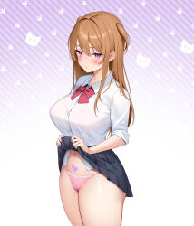Rule 34 | 1girl, absurdres, animal hands, black skirt, blush, bra, breasts, brown hair, cameltoe, cat paws, closed mouth, clothes lift, collared shirt, gradient background, hair between eyes, highres, large breasts, lifting own clothes, long hair, looking at viewer, non-web source, original, panties, paw print, pink panties, pleated skirt, pubic tattoo, purple eyes, re:shimashima, school uniform, shirt, sidelocks, skirt, skirt lift, solo, standing, tattoo, tented shirt, thighs, underwear, white shirt