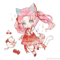 Rule 34 | 1girl, animal ears, ankle socks, back bow, bag, bow, bow skirt, bowtie, buttons, cat, cat ears, cat tail, center frills, cherry, chibi, chinese commentary, collared shirt, commentary request, dream han, eyelashes, food, footwear ribbon, frilled shirt collar, frills, fruit, grey eyes, hair ribbon, highres, light blush, long hair, long sleeves, miniskirt, original, parted lips, pink hair, pink ribbon, pink socks, red bag, red bow, red bowtie, red footwear, red ribbon, red skirt, ribbon, sample watermark, shirt, shoes, shoulder bag, simple background, skirt, smile, socks, solo, strawberry, striped clothes, striped socks, tail, twintails, two-tone socks, vertical-striped clothes, vertical-striped socks, water drop, watermark, weibo watermark, white background, white cat, white shirt, white socks