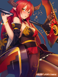 Rule 34 | 1girl, bare shoulders, blue background, blush, bracelet, copyright name, detached sleeves, horns, jewelry, junketsu duelion, long hair, official art, pantyhose, pointy ears, red hair, scythe, simple background, solo, yangsion, yellow eyes, zuihou oboro