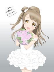 Rule 34 | 1girl, absurdres, artist name, artist request, bare shoulders, blush, bow, brown eyes, brown hair, dress, female focus, flower, highres, holding, holding flower, komaki722, light brown hair, long hair, looking at viewer, love live!, love live! school idol project, minami kotori, skirt, smile, solo, wedding dress, white bow, white dress, white skirt