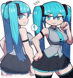 Rule 34 | !, 1girl, absurdres, bare shoulders, black skirt, black thighhighs, blue eyes, blue hair, blue necktie, breasts, cowboy shot, female focus, grey shirt, hand on own hip, hatsune miku, highres, large breasts, long hair, looking at viewer, necktie, shiny skin, shirt, skirt, smile, solo, standing, thick thighs, thighhighs, thighs, tony welt, twintails, wide hips, zettai ryouiki