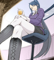 Rule 34 | 10s, 1girl, alcohol, black eyes, black hair, black skirt, chair, crossed legs, cup, from below, gloves, kantai collection, long hair, long sleeves, looking down, military, military uniform, nachi (kancolle), nachi kai ni (kancolle), nujima, open mouth, pantyhose, pencil skirt, perspective, side ponytail, sitting, skirt, solo, uniform, very long hair, white gloves, white pantyhose