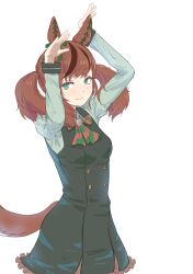 Rule 34 | 1girl, animal ears, arms up, brown hair, dress, green eyes, highres, horse ears, horse girl, horse tail, multicolored hair, nice nature (umamusume), nito (nshtntr), pinafore dress, sleeveless dress, smile, solo, streaked hair, tail, twintails, umamusume, upper body