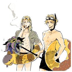 Rule 34 | 2boys, abs, bare shoulders, black nails, black shorts, blonde hair, blue eyes, breathing tube, cigarette, collared shirt, daybit sem void, diving mask, fate/grand order, fate (series), goggles, goggles on head, innertube, long hair, looking at viewer, male focus, multiple boys, muscular, muscular male, nobicco, open clothes, open shirt, orange-tinted eyewear, orange shorts, purple eyes, shirt, short hair, shorts, simple background, smoke, smoking, snorkel, sunglasses, swim ring, tezcatlipoca (fate), tinted eyewear, topless male, white background, white shirt