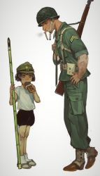 Rule 34 | 1boy, 1girl, absurdres, age difference, assault rifle, bamboo, black hair, black shorts, blouse, boots, brown footwear, child, chocolate, cigarette, closed mouth, eating, green headwear, green jacket, green pants, gun, hat, helmet, highres, holding, holding polearm, holding weapon, jacket, mossacannibalis, mouth hold, pants, polearm, rifle, shirt, shorts, simple background, smile, smoke, soldier, spear, standing, the emperor&#039;s last soldiers, weapon, weapon on back, white background, white shirt