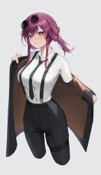 Rule 34 | 1girl, absurdres, alternate costume, black pants, breasts, collared shirt, cropped legs, dress shirt, eyewear on head, glasses, highres, honkai: star rail, honkai (series), jacket, kafka (honkai: star rail), long hair, looking at viewer, medium breasts, necktie, off shoulder, open clothes, open jacket, pants, parted lips, pince-nez, pink eyes, purple hair, round eyewear, shirt, shirt tucked in, sidelocks, simple background, smile, solo, soriham, sunglasses, suspenders, thigh strap, two-sided fabric, undressing, white background, white shirt