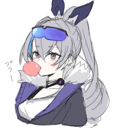 Rule 34 | 1girl, black jacket, black ribbon, breasts, blowing bubbles, chewing gum, commentary, cropped torso, goggles, goggles on head, grey eyes, grey hair, hair ribbon, high ponytail, honkai: star rail, honkai (series), horn/wood, jacket, long hair, medium breasts, ponytail, ribbon, shirt, silver wolf (honkai: star rail), simple background, sketch, solo, symbol-only commentary, upper body, white background, white shirt