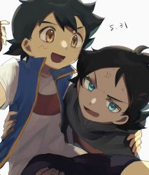 Rule 34 | 2boys, ash ketchum, black hair, blue eyes, brown eyes, brush stroke, carrying, child, close-up, commentary request, creatures (company), dark-skinned male, dark skin, faux traditional media, game freak, goh (pokemon), highres, implied yaoi, lifting person, male focus, meddo, multiple boys, nintendo, open mouth, painting (medium), pokemon, pokemon (anime), pokemon journeys, short hair, short sleeves, simple background, smile, traditional media, white background