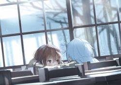 Rule 34 | &gt;:|, 10s, 2girls, :|, bad id, bad twitter id, brown eyes, brown hair, closed mouth, commentary, covered mouth, demitas, dutch angle, from behind, hair between eyes, head rest, hibiki (kancolle), ikazuchi (kancolle), indoors, kantai collection, mirrored text, multiple girls, sitting, v-shaped eyebrows, white hair