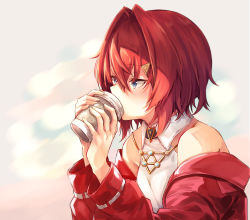 Rule 34 | 1girl, ange katrina, ange katrina (2nd costume), blue eyes, coffee cup, cup, disposable cup, drinking, from side, hair between eyes, highres, holding, holding cup, jacket, looking to the side, nijisanji, off shoulder, oh (chabasuk), red hair, red jacket, short hair, sitting, solo, triangle hair ornament, virtual youtuber