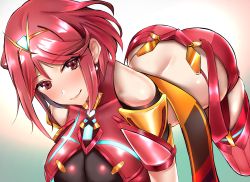 Rule 34 | 1girl, all fours, ass, benten (ioj3446), blush, breasts, chest jewel, earrings, highres, jewelry, large breasts, looking at viewer, pyra (xenoblade), red eyes, red hair, red shorts, short hair, short shorts, shorts, smile, swept bangs, thighs, tiara, xenoblade chronicles (series), xenoblade chronicles 2