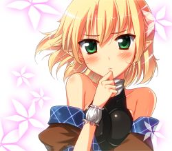 Rule 34 | 1girl, bare shoulders, blonde hair, blush, breasts, female focus, green eyes, hand to own mouth, mizuhashi parsee, pointy ears, short hair, solo, teruteru-deru, touhou, upper body, wrist cuffs