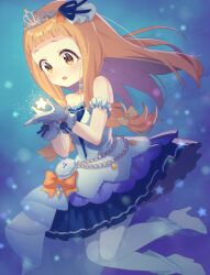 1girl arm_garter bare_shoulders blush bracelet dress euphoniummatsu gloves high_heels highres ichihara_nina idolmaster idolmaster_cinderella_girls jewelry long_hair open_mouth orange_hair pearl_bracelet pearl_choker pendant_watch solo star_(sky) starry_sky_bright_(idolmaster) strapless strapless_dress thighhighs tiara white_gloves white_thighhighs yellow_eyes