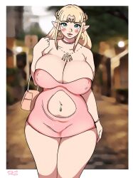 Rule 34 | bag, belly piercing, blonde hair, blue eyes, bracelet, breasts, cleavage, dress, earrings, fingernails, handbag, iroquois, jewelry, large breasts, lips, necklace, nintendo, pink dress, princess zelda, revealing clothes, ring, road, street, tagme, tiara, tight clothes, tight dress