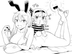 Rule 34 | 2girls, :d, animal ears, applying sunscreen, barefoot, beach mat, bikini, blush, bob cut, breasts, cleavage, commentary request, eyelashes, fang, greyscale, hand on another&#039;s ass, highres, holding, konpaku youmu, konpaku youmu (ghost), koyama shigeru, large breasts, long hair, looking at viewer, lying, monochrome, multiple girls, no panties, on stomach, open mouth, ponytail, rabbit ears, rabbit tail, reisen udongein inaba, short hair, sidelocks, smile, swimsuit, tail, touhou, triangle mouth