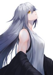 Rule 34 | 1girl, bare shoulders, biceps, black jacket, breasts, clothes down, commentary request, dodome ichika, eyes visible through hair, from side, hair between eyes, highres, jacket, long hair, messy hair, muscular, muscular female, original, shiny skin, shirt, sidelocks, silver hair, simple background, sleeveless, sleeveless shirt, small breasts, solo, upper body, very long hair, waka (shark waka), white background, white shirt, yellow eyes