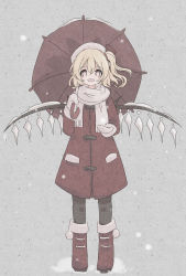 Rule 34 | 1girl, aaaabo, alternate costume, black pants, blonde hair, blush, bow, coat, female focus, flandre scarlet, full body, hair between eyes, hair bow, hand up, highres, holding, holding umbrella, looking at viewer, mittens, no pupils, open mouth, outdoors, pants, pantyhose, scarf, short hair, side ponytail, smile, snow boots, snowing, solo, touhou, umbrella, wings, winter clothes, winter coat