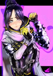 Rule 34 | 1girl, absurdres, animification, apex legends, black bodysuit, black hair, blush, bodysuit, breasts, cape, clenched hands, different shadow, embarrassed, grey eyes, hair bun, highres, hood, huge filesize, leaning forward, looking at viewer, medium breasts, parted bangs, paw pose, same-tan, shadow, single hair bun, smile, solo, void prowler wraith, white cape, wraith (apex legends)