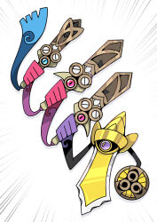 absurdres aegislash blue_eyes commentary_request creatures_(company) doublade emphasis_lines evolutionary_line fukidashi_cotton game_freak gen_6_pokemon highres holding holding_pokemon holding_shield holding_sword holding_weapon honedge nintendo no_humans one-eyed pink_eyes pokemon pokemon_(creature) purple_eyes shield simple_background sword weapon white_background