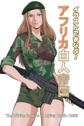Rule 34 | 18 (aug1), 1girl, bad id, bad pixiv id, badge, battle rifle, beret, blonde hair, blue eyes, breasts, brown hair, buttons, camouflage, cowboy shot, english text, fn fal, gun, hat, highres, holding, holding gun, holding weapon, lipstick, looking at viewer, makeup, medium breasts, military, military uniform, original, pink lips, pocket, rhodesian light infantry, rifle, serious, shirt, short shorts, shorts, sidelocks, simple background, sleeves rolled up, solo, thighs, translation request, trigger discipline, uniform, weapon