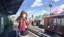 Rule 34 | 1girl, absurdres, backpack, bag, black skirt, blue sky, brown eyes, brown hair, cherry blossoms, cloud, coat, commentary, day, digital media player, english commentary, hair blowing, headphones, highres, holding, luggage, medium hair, mirror, open mouth, original, outdoors, overhead line, petals, planetariangaolin, pleated skirt, railroad tracks, red coat, rolling suitcase, scenery, school uniform, shirt, sidelocks, sign, skirt, sky, smile, solo, spring (season), standing, suitcase, train, train station, tree, vending machine, waving, white shirt