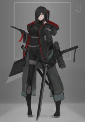 Rule 34 | 1girl, absurdres, bare shoulders, belt, black eyes, black gloves, black hoodie, bodysuit, closed mouth, covered navel, dagger, gloves, greatsword, highres, holding, holding dagger, holding knife, holding sword, holding weapon, hood, hoodie, jewelry, jiang1274, knife, navel, necklace, original, scabbard, sheath, solo, standing, sword, thigh strap, tight clothes, turtleneck, weapon