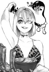 1girl, animal print, arm up, armpits, azelweien, bare shoulders, bikini, bleeding, blood, bowl, chopsticks, collarbone, extra eyes, fingernails, food, greyscale, grin, guro, highres, holding, holding nail, horror (theme), impaled, injury, leopard print, monochrome, monster, motion lines, nail, original, oversized object, ribs (food), sharp teeth, short hair, simple background, slit throat, smile, swimsuit, teeth, tongue, tongue out, white background