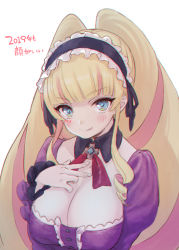 Rule 34 | 1girl, :&gt;, :p, blonde hair, blue eyes, blunt bangs, blush, breasts, chromatic aberration, cleavage, deep web underground, deep web underground (character), dress, drill hair, hairband, highres, large breasts, lolita hairband, long hair, long sleeves, looking at viewer, mukai 778, puffy sleeves, simple background, solo, tongue, tongue out, twin drills, very long hair, virtual youtuber, white background