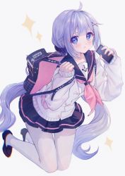 Rule 34 | 1girl, :t, ahoge, anchor print, azur lane, bag, black footwear, black skirt, cardigan, cellphone, closed mouth, commentary, english text, hair ornament, holding, holding phone, loafers, long hair, low twintails, neckerchief, phone, pleated skirt, purple eyes, school uniform, shoes, skirt, sleeves past wrists, smartphone, solo, sparkle, symbol-only commentary, thighhighs, twintails, unicorn (azur lane), unicorn (long-awaited date) (azur lane), very long hair, weizhi, white background, x hair ornament