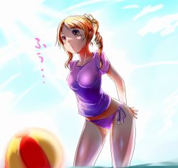 Rule 34 | 10s, 1girl, alternate hairstyle, arms behind back, ball, beachball, bikini, bikini bottom only, blonde hair, blurry, breasts, depth of field, drill hair, hair ornament, koma, koma (wsgtt1300), large breasts, mahou shoujo madoka magica, mahou shoujo madoka magica (anime), shirt, side-tie bikini bottom, solo, swimsuit, taut clothes, taut shirt, tomoe mami, water, yellow eyes