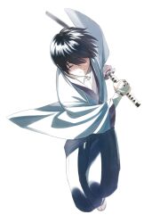 Rule 34 | 1boy, arm guards, black hair, blue kimono, blue pants, closed eyes, closed mouth, collared shirt, facing viewer, fighting stance, floating hair, full body, hair over one eye, highres, incoming attack, japanese clothes, jumping, kimono, long sleeves, male focus, okurase, one eye covered, pants, ready to draw, rurouni kenshin, sandals, seta soujirou, shirt, short hair, simple background, smile, socks, solo, tabi, white background, white shirt, white socks, wide sleeves, zouri