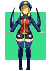 Rule 34 | 1girl, blonde hair, blue thighhighs, blush, breasts, closed mouth, commentary request, cosplay, creatures (company), cynthia (pokemon), fingernails, full body, game freak, garchomp, garchomp (cosplay), gen 4 pokemon, grey eyes, hair over one eye, jacket, long sleeves, mituyota 76, nintendo, pokemon, pokemon dppt, shorts, sleeves past wrists, smile, solo, thighhighs