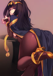 Rule 34 | 1girl, bent over, black hair, bodysuit, bracelet, bridal gauntlets, cape, circlet, closed mouth, commentary, english commentary, feguimel, fire emblem, fire emblem awakening, high heels, highres, jewelry, leg up, lips, long hair, looking back, nail polish, nintendo, purple eyes, purple nails, simple background, solo, tharja (fire emblem), two side up