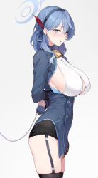 Rule 34 | 1girl, absurdres, ako (blue archive), arms behind back, black thighhighs, blue archive, blue eyes, blue hair, blush, breasts, collar, enosan, highres, large breasts, leash, long hair, long sleeves, looking at viewer, sideboob, solo, thighhighs, thighs