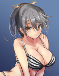 Rule 34 | 10s, 1girl, alternate hairstyle, arm support, bare shoulders, black hair, blue background, blush, bra, breasts, brown eyes, buckle, cleavage, collarbone, eyebrows, grey panties, hair between eyes, hair ornament, hairpin, haruna (kancolle), haruto (harut n), headgear, kantai collection, large breasts, light smile, lips, long hair, looking at viewer, panties, parted lips, ponytail, simple background, solo, striped bra, striped clothes, tareme, teeth, underwear, underwear only, upper body, v arms, very long hair
