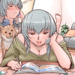 Rule 34 | 00s, bare shoulders, barefoot, blush, breasts, cellphone, cleavage, dog, large breasts, lying, off shoulder, aged up, on stomach, phone, reading, rozen maiden, silver hair, suigintou, talking on phone, tsuda nanafushi